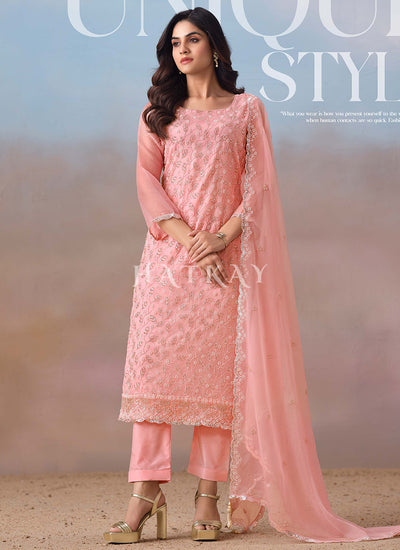 Soft Peach Embroidery Pant Style Suit