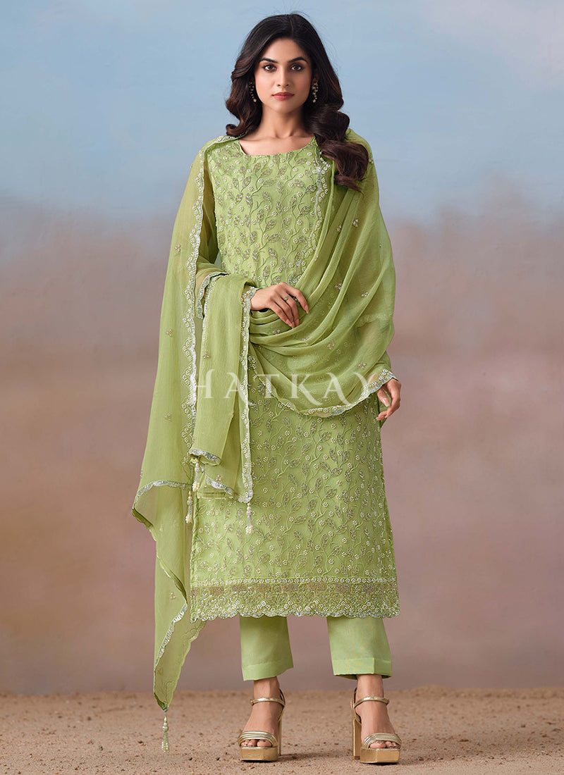 Lime Green Embroidery Pant Style Suit