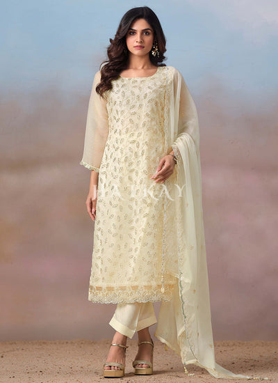 Pale Yellow Embroidery Pant Style Suit