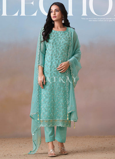 Teal Blue Embroidery Pant Style Suit