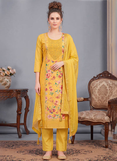Yellow Embroidered Traditional Pant Suit
