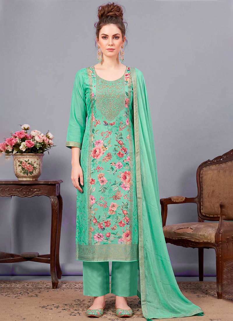 Sea Green Embroidered Traditional Pant Suit