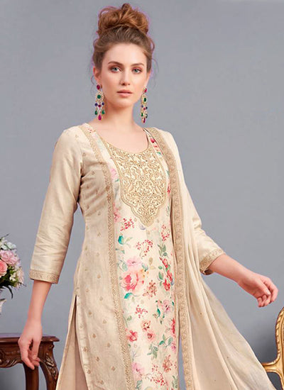 Cream Embroidered Traditional Pant Suit