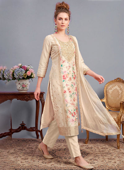 Cream Embroidered Traditional Pant Suit