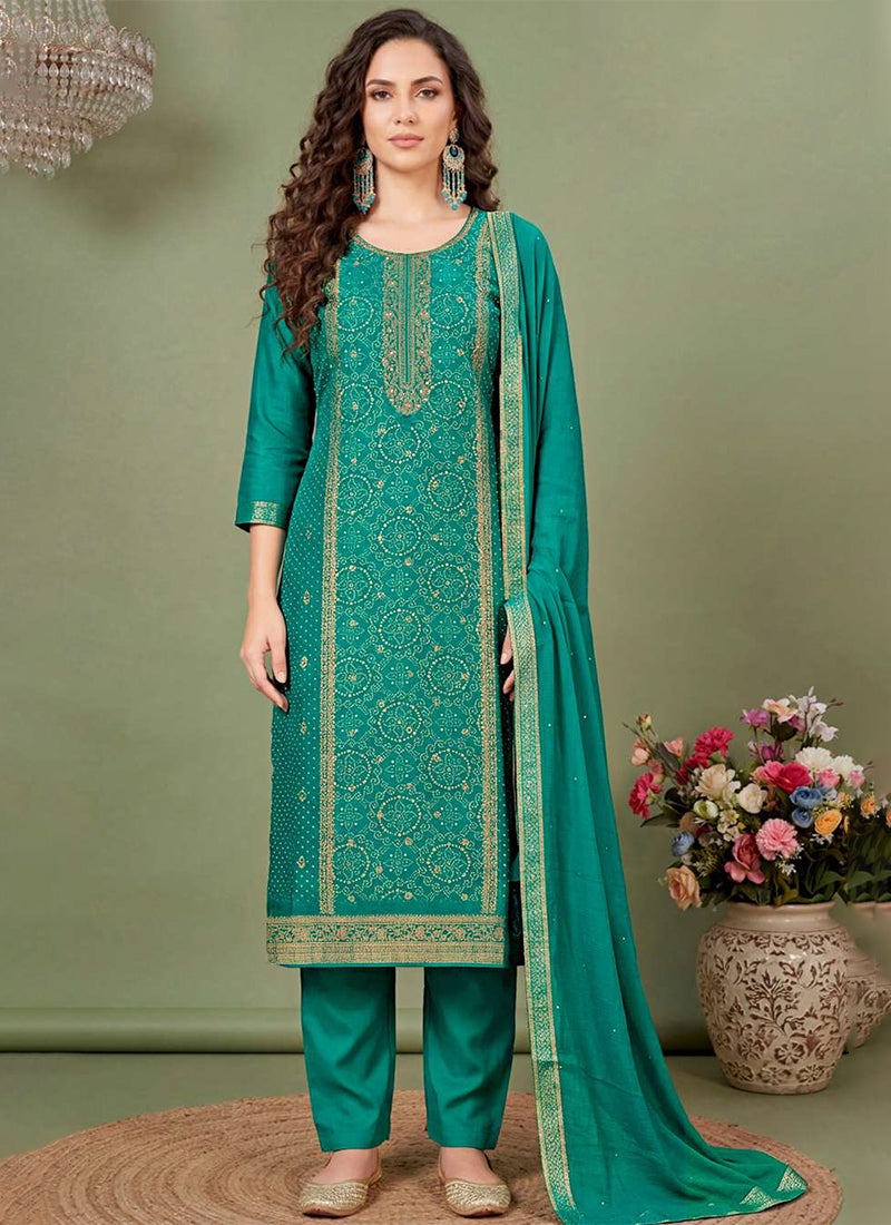 Teal Green Embroidery Traditional Pant Suit