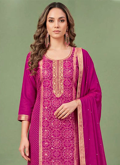 Magenta Pink Embroidery Traditional Pant Suit