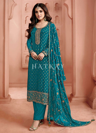 Turquoise Embroidery Pant Style Suit