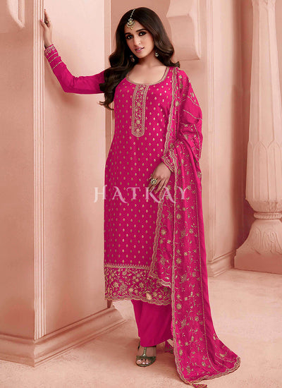Hot Pink Embroidery Pant Style Suit