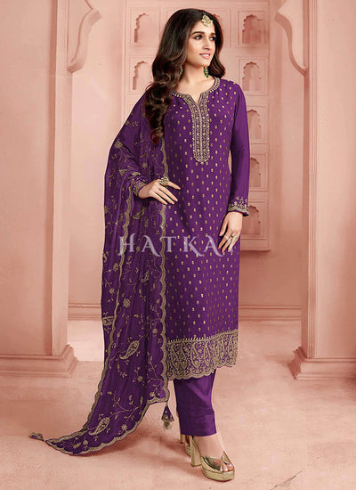 Purple Embroidery Pant Style Suit