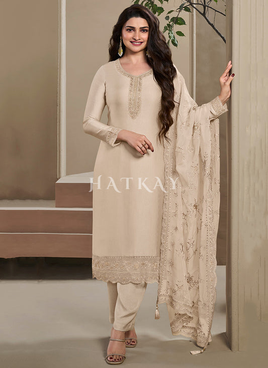 Cream Beige Embroidered Straight Cut Suit