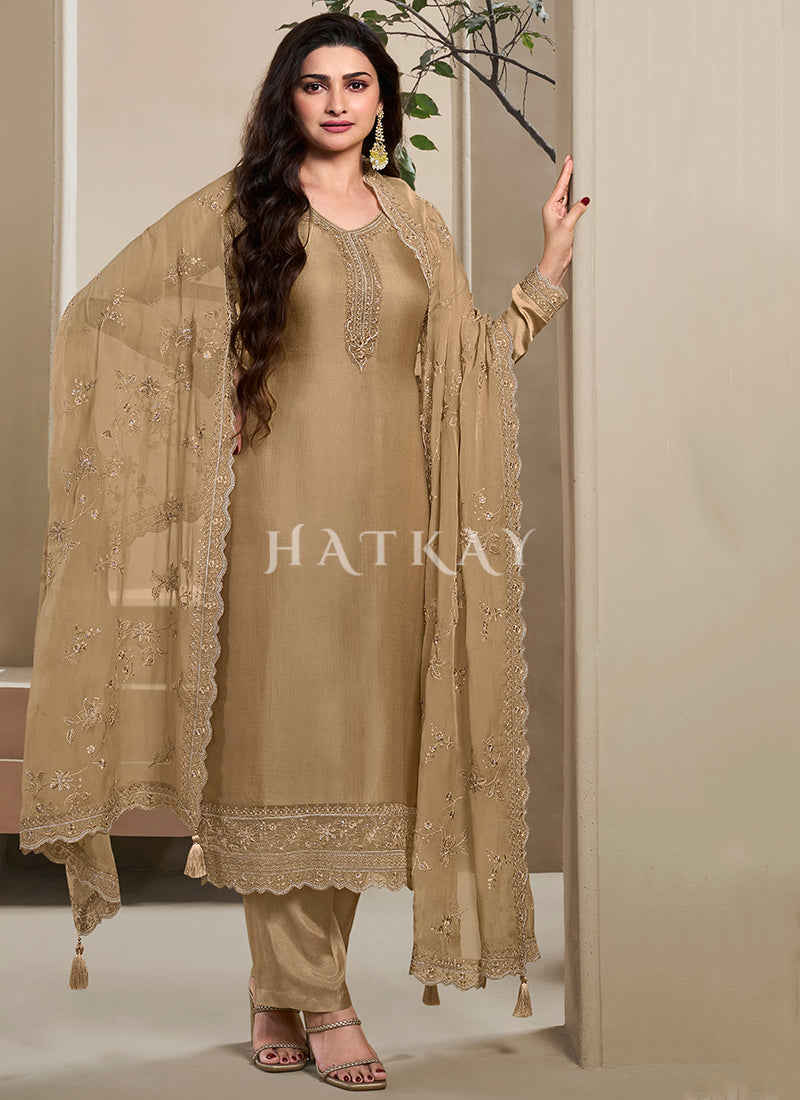 Golden Brown Embroidered Straight Cut Suit