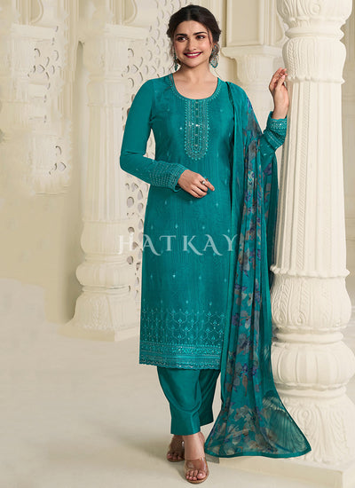 Turquoise Blue Embroidery Pakistani Style Suit