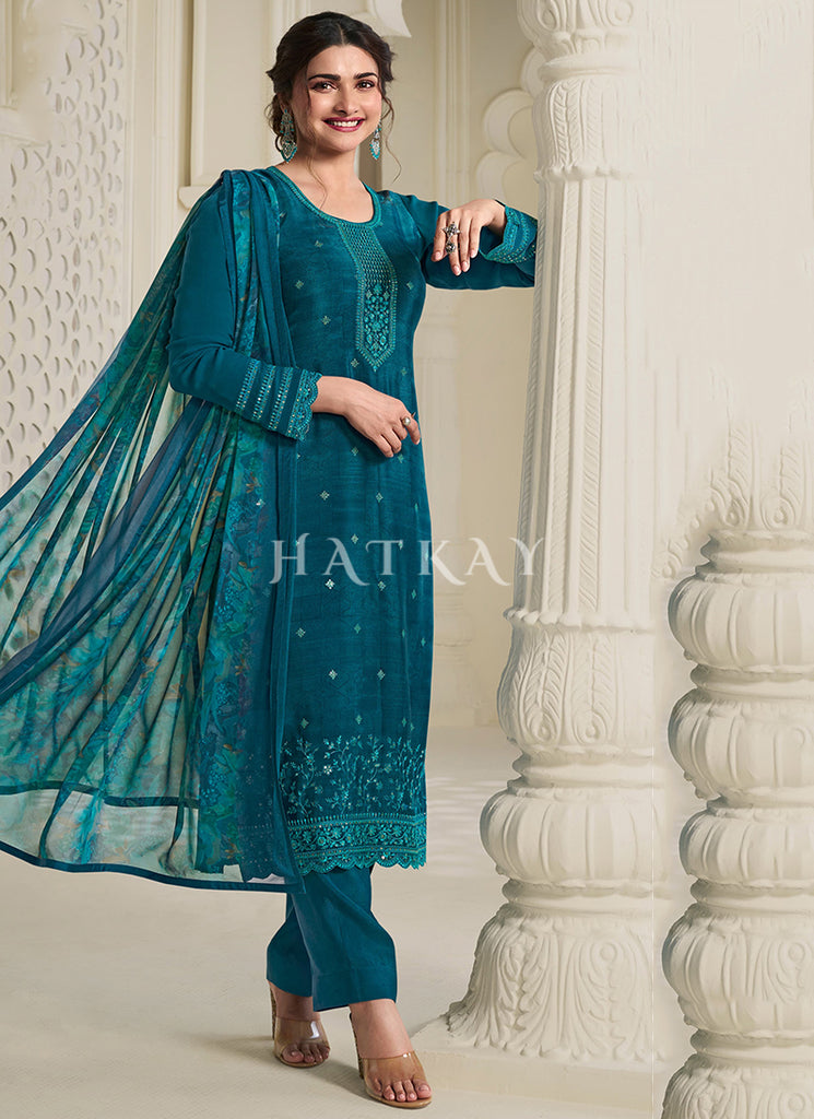Teal Blue Embroidery Pakistani Style Suit