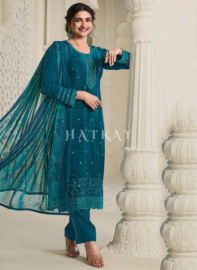 Teal Blue Embroidery Pakistani Style Suit