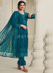 Teal Blue Embroidery Pakistani Style Suit