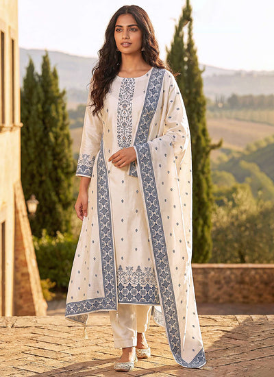 Off White and Blue Designer Embroidery Pant Style Suit