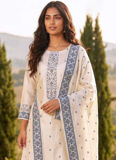 Off White and Blue Designer Embroidery Pant Style Suit