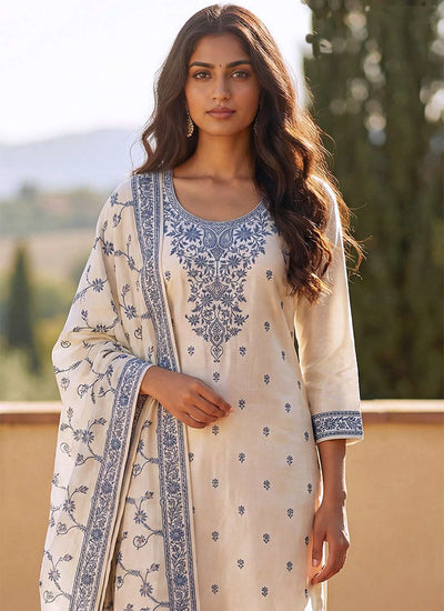Off White and Blue Traditional Embroidery Pant Style Suit