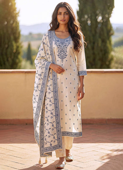 Off White and Blue Traditional Embroidery Pant Style Suit
