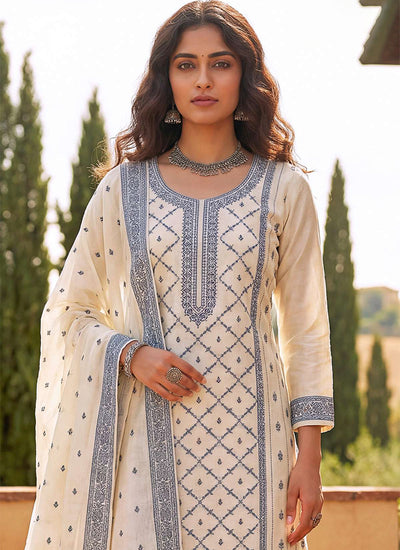 Off White and Blue Festive Embroidery Pant Style Suit