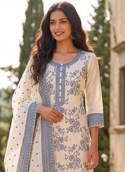 Off White and Blue Embroidered Pant Style Suit