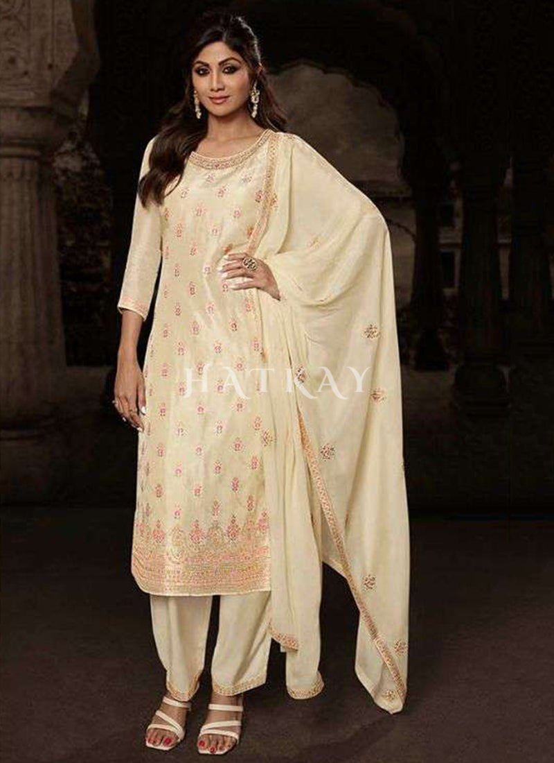 Ivory Beige Embroidered Salwar kameez