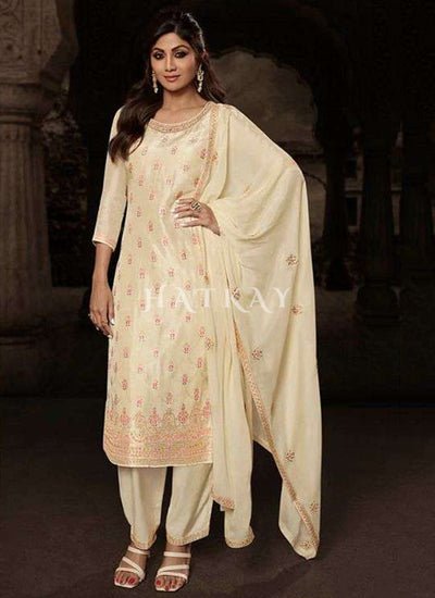 Ivory Beige Embroidered Salwar kameez