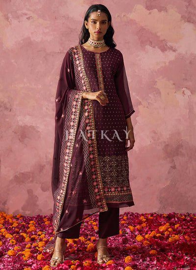 Plum Purple Embroidered Pakistani Pant Suit