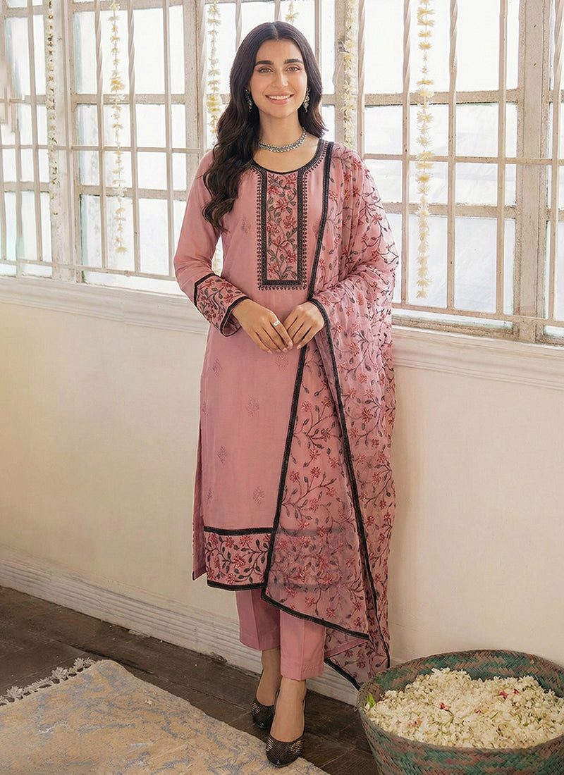 Pink Thread Embroidery Pakistani Style Pant Suit