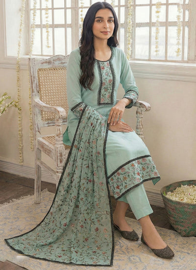 Sky Blue Thread Embroidery Pakistani Style Pant Suit