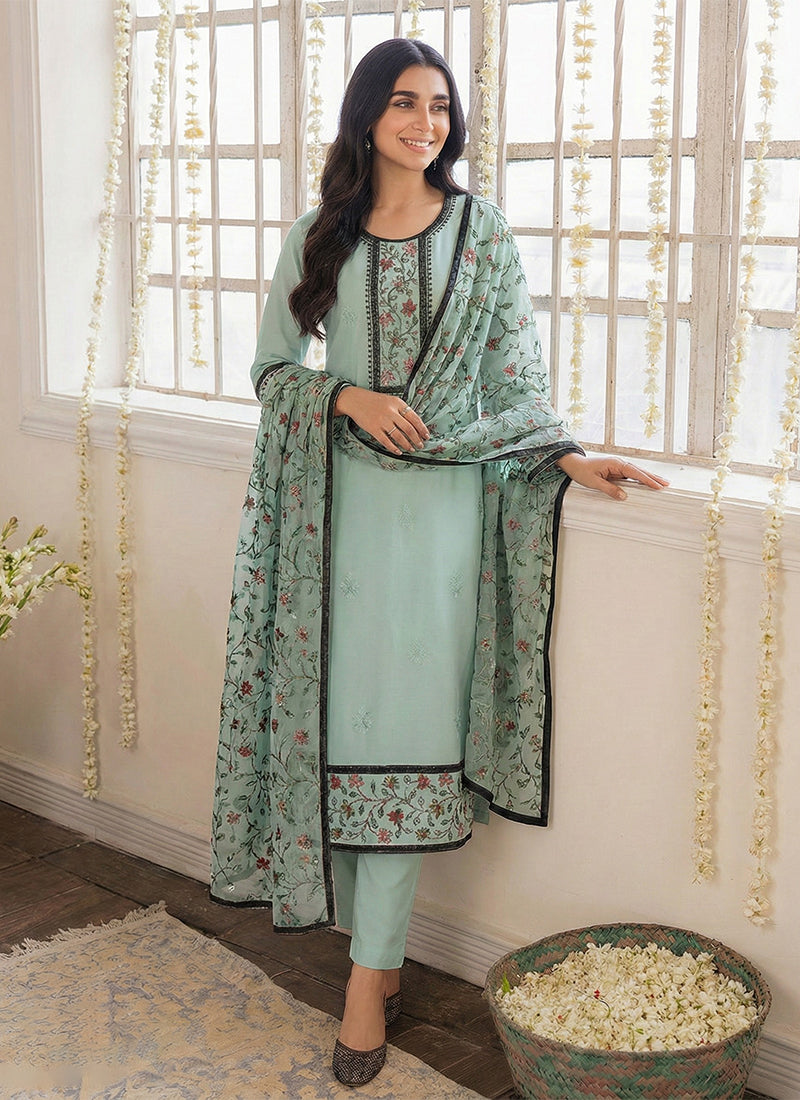 Sky Blue Embroidery Pakistani Style Pant Suit
