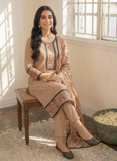 Peach Thread Embroidery Pakistani Style Pant Suit