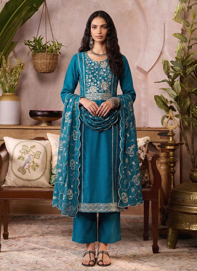Blue Embroidered Pakistani Style Pant Suit