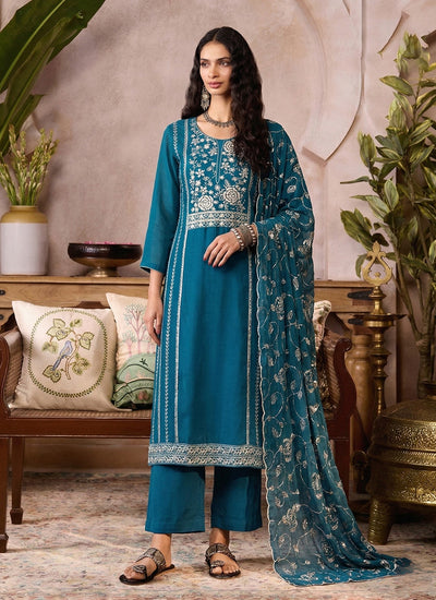 Blue Embroidered Pakistani Style Pant Suit