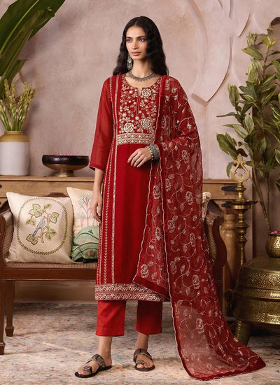 Red Embroidered Pakistani Style Pant Suit