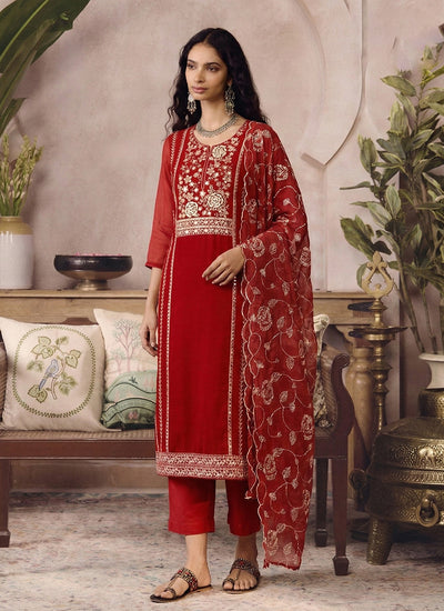 Red Embroidered Pakistani Style Pant Suit