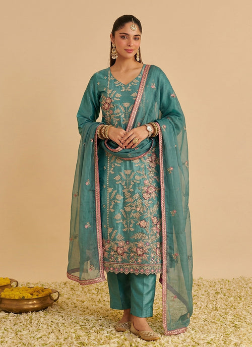 Teal Green Embroidery Pakistani Style Pant Suit