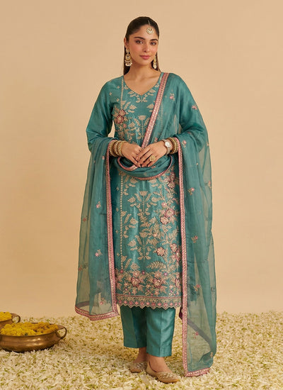 Teal Green Embroidery Pakistani Style Pant Suit