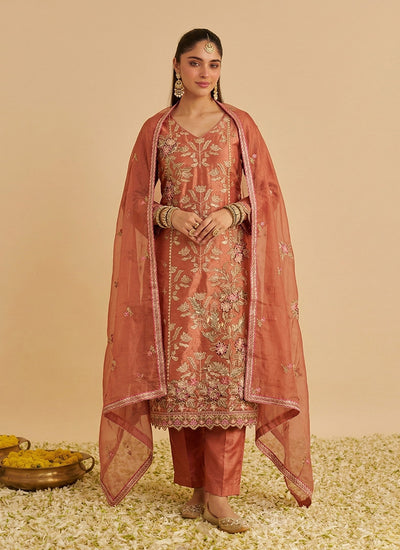 Rust Orange Embroidery Pakistani Style Pant Suit