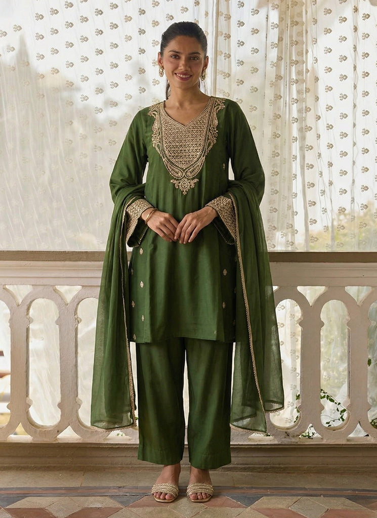 Green Embroidered Designer Pant Suit