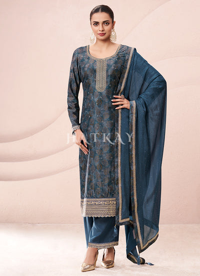 Blue Printed Pakistani Pant Suit