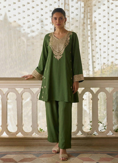Green Embroidered Designer Pant Suit