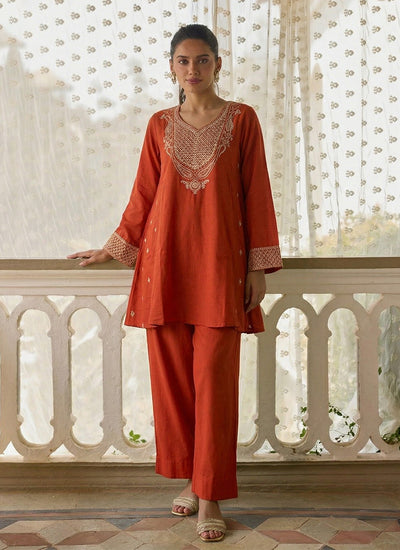 Orange Embroidered Designer Pant Suit