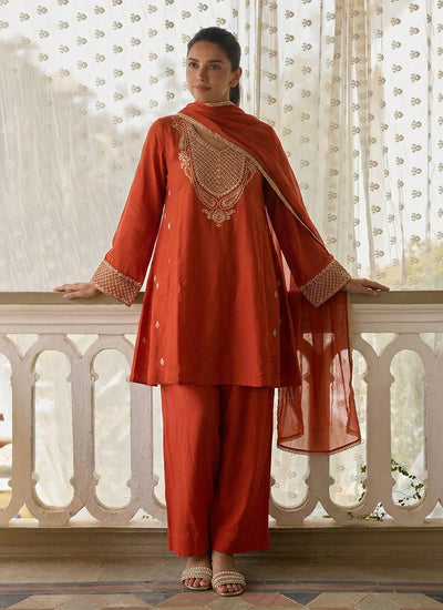 Orange Embroidered Designer Pant Suit