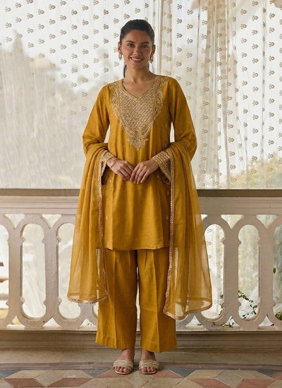 Yellow Embroidered Designer Pant Suit