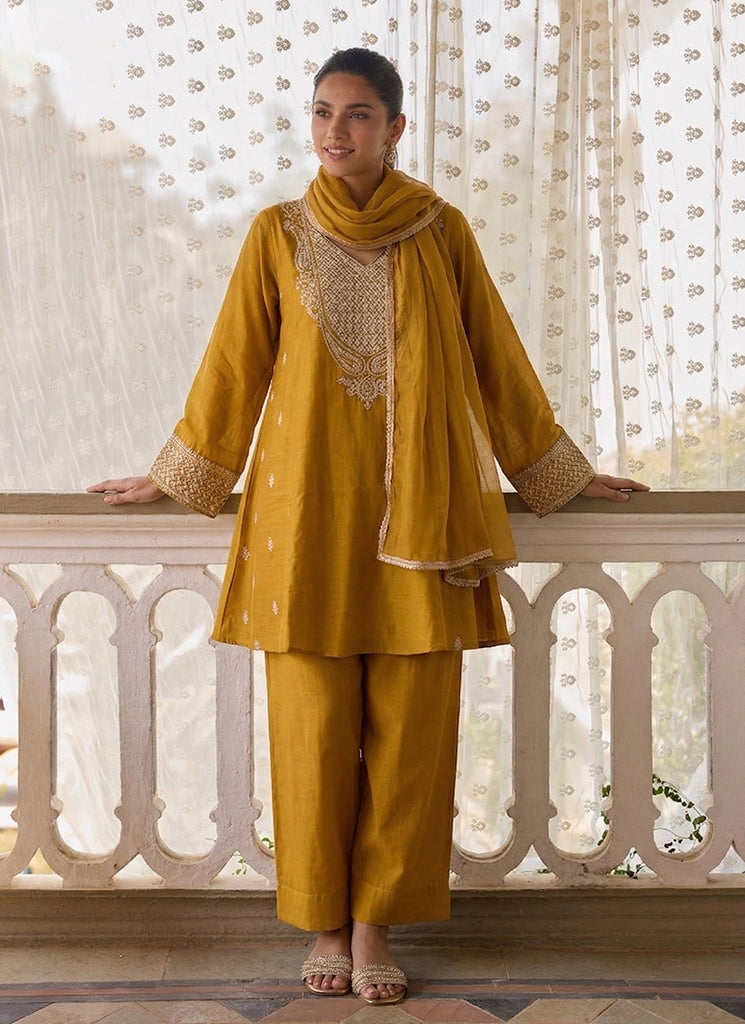 Yellow Embroidered Designer Pant Suit