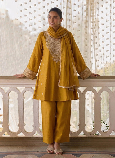Yellow Embroidered Designer Pant Suit