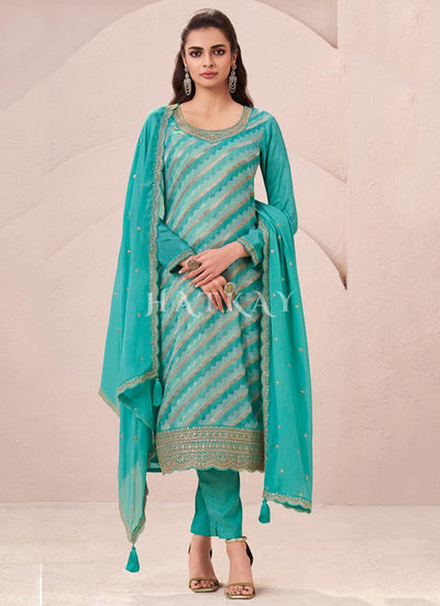 Turquoise Embroidery Pant Style Suit
