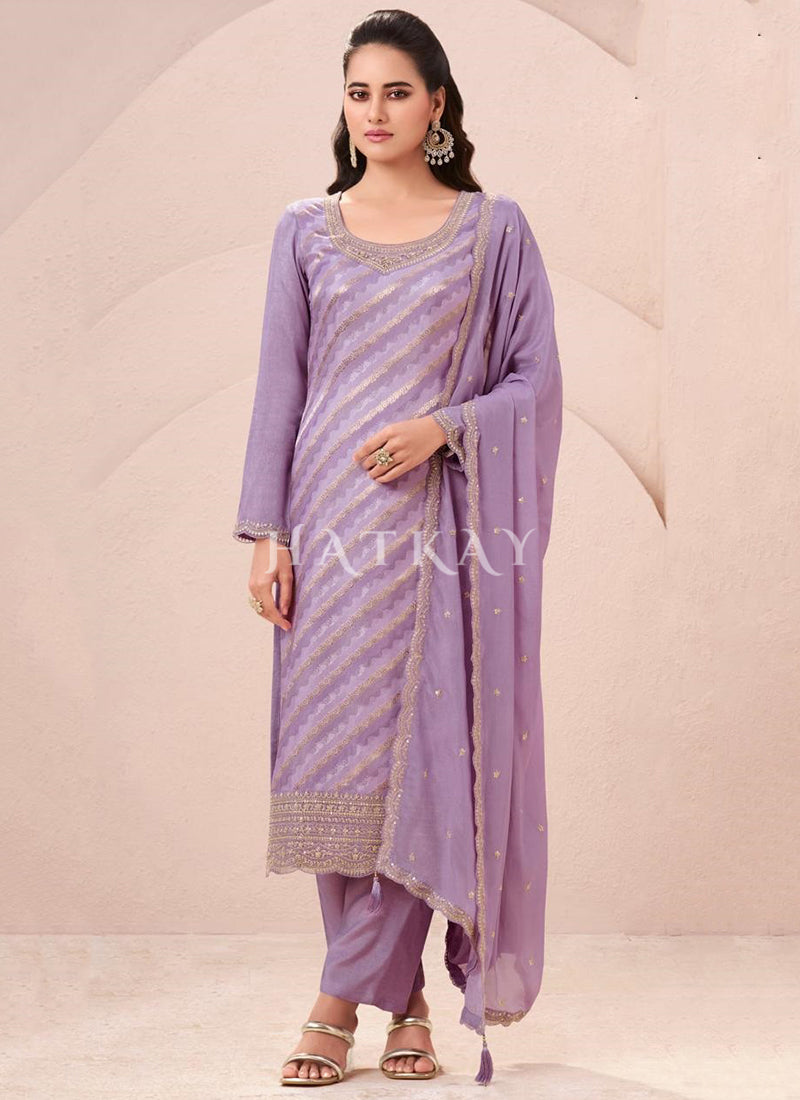 Lavender Embroidery Pant Style Suit