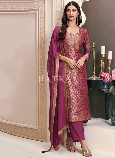 Plum Purple Embroidered Pakistani Pant Style Suit